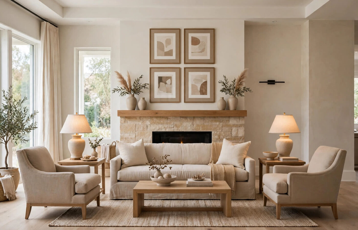designmode24 interior design — balanced modern living room with fireplace focal point and layered lighting