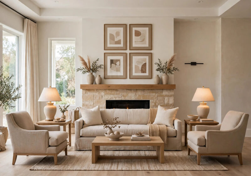 designmode24 interior design — balanced modern living room with fireplace focal point and layered lighting