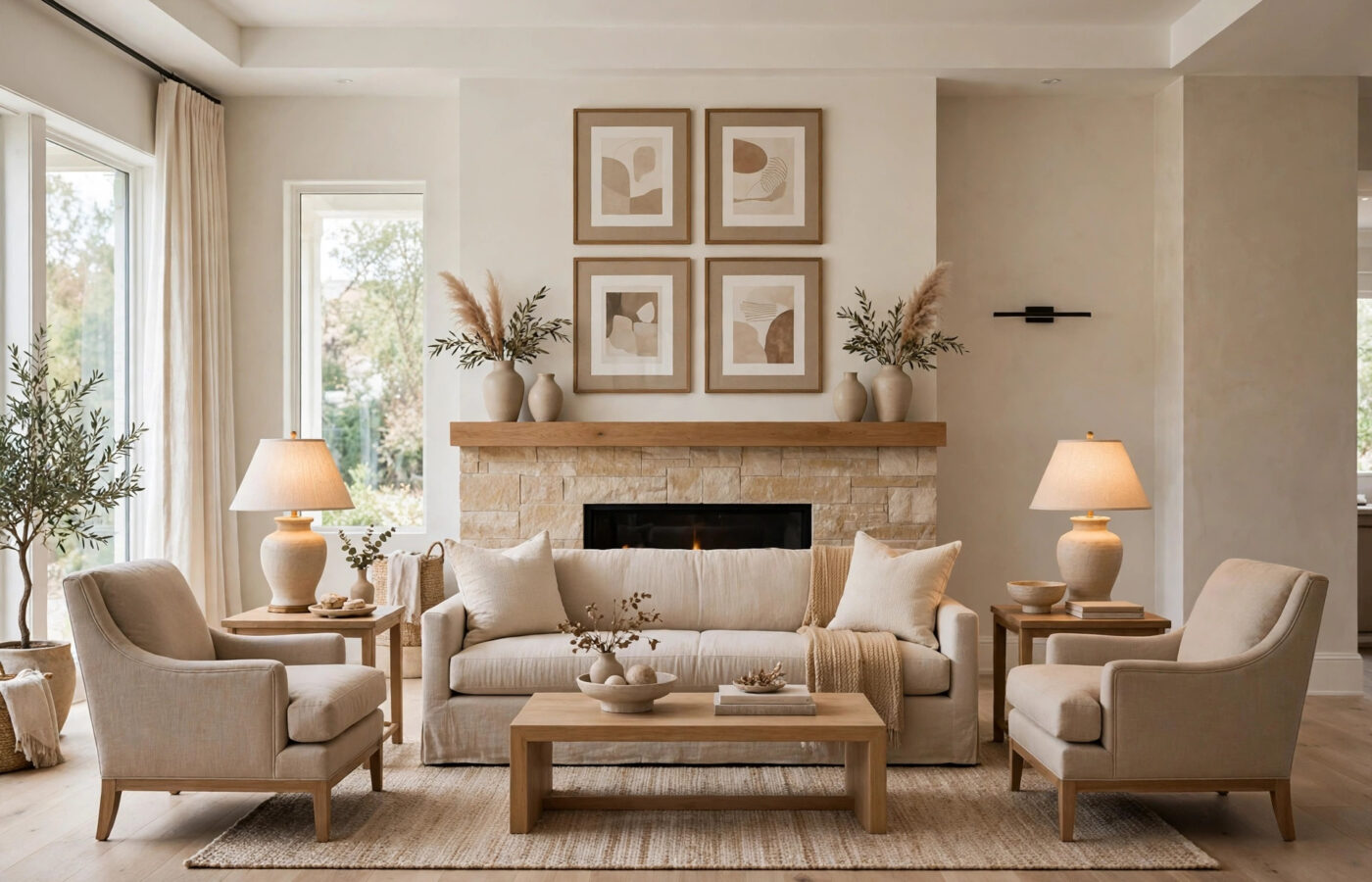 designmode24 interior design — balanced modern living room with fireplace focal point and layered lighting