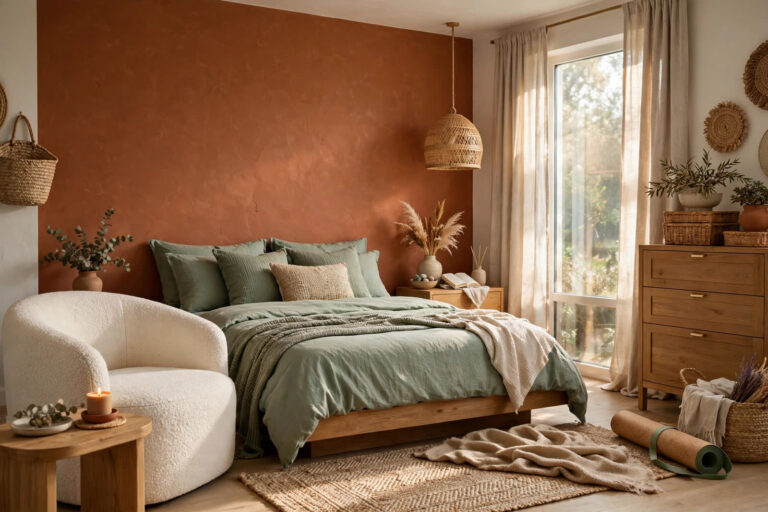 interior designmode24 — warm earthy bedroom with terracotta wall, sage bedding and curved furniture, 2026 trends