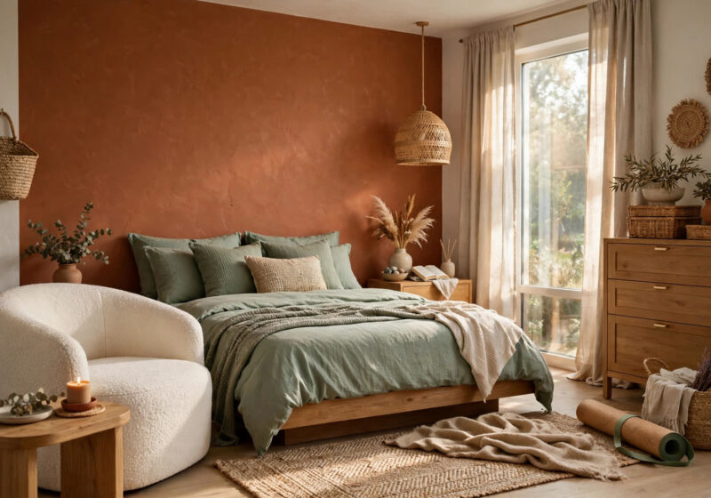 interior designmode24 — warm earthy bedroom with terracotta wall, sage bedding and curved furniture, 2026 trends