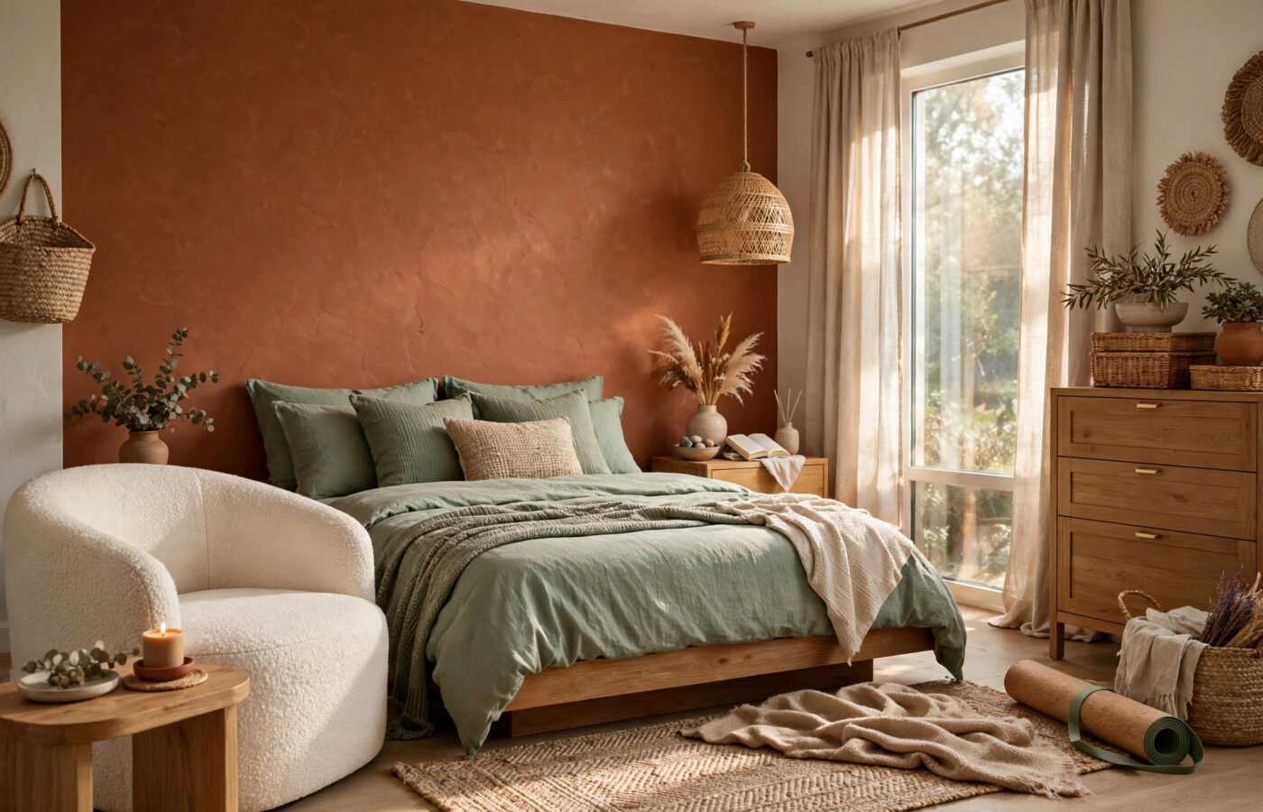 interior designmode24 — warm earthy bedroom with terracotta wall, sage bedding and curved furniture, 2026 trends