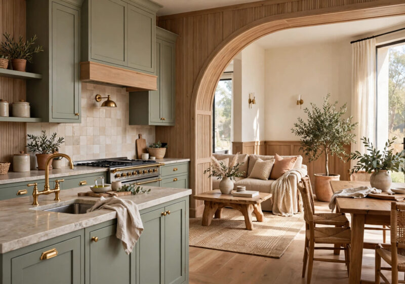 designmode24 design — sage shaker kitchen with traditional paneling, stone countertop and warm earth tones