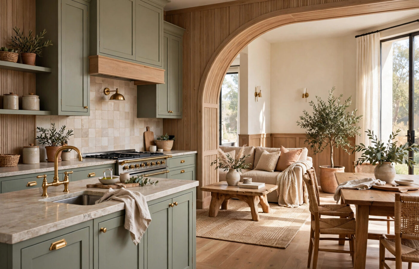 designmode24 design — sage shaker kitchen with traditional paneling, stone countertop and warm earth tones