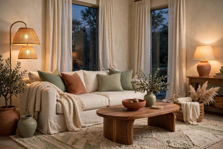design designmode24 — transformed living room with layered textures, woven rug, linen curtains and warm layered lamps