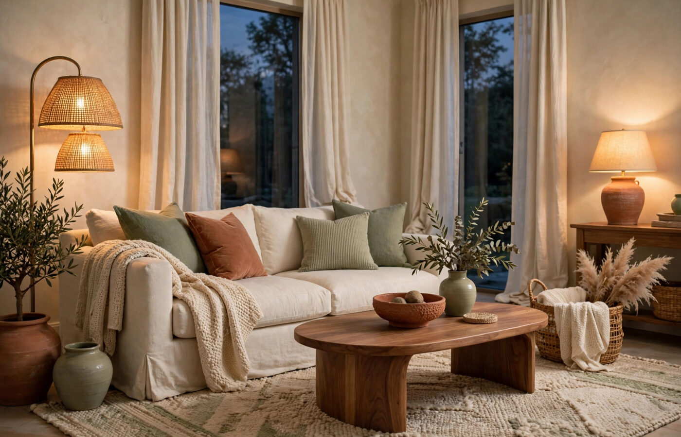 design designmode24 — transformed living room with layered textures, woven rug, linen curtains and warm layered lamps