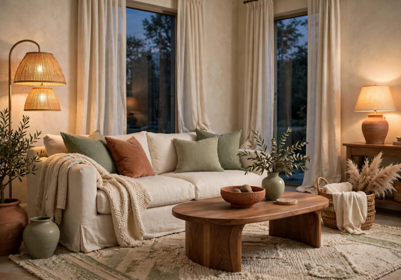design designmode24 — transformed living room with layered textures, woven rug, linen curtains and warm layered lamps