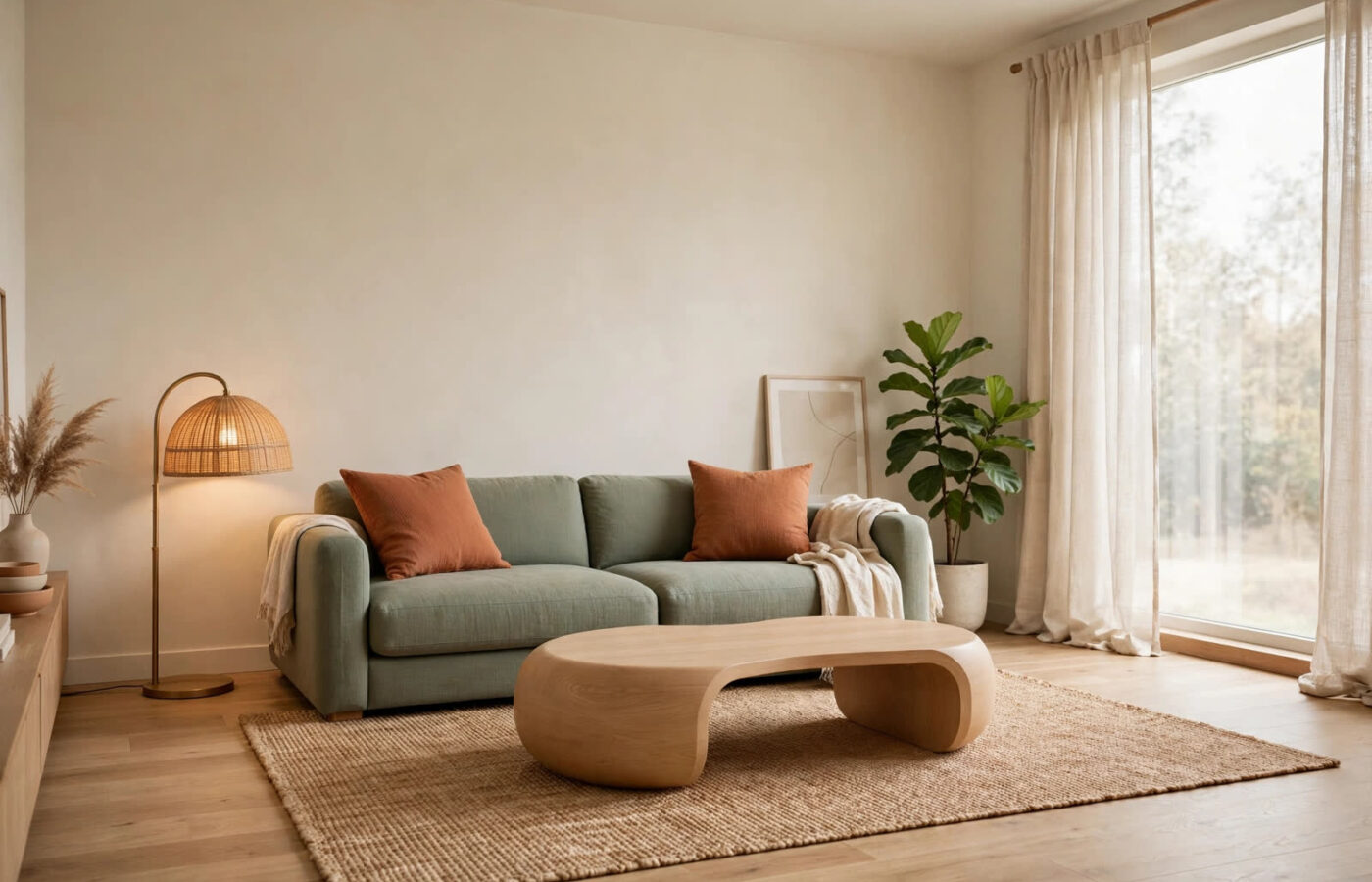 interior design designmode24 — complete guide to planning any room, warm living room with sage sofa and terracotta palette