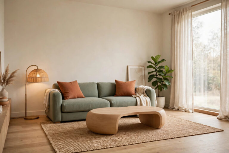interior design designmode24 — complete guide to planning any room, warm living room with sage sofa and terracotta palette