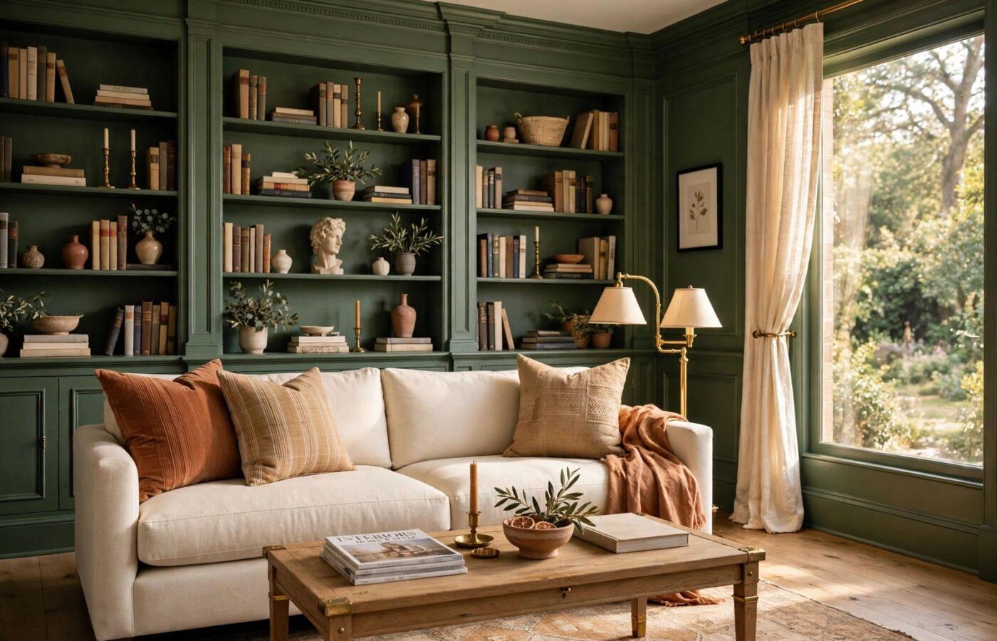 Webster Green living room with painted built-ins — Benjamin Moore color of the year 2027