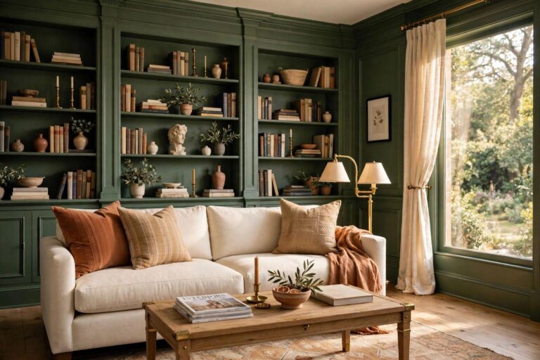 Webster Green living room with painted built-ins — Benjamin Moore color of the year 2027