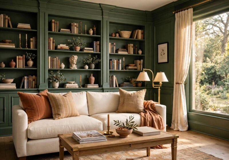 Webster Green living room with painted built-ins — Benjamin Moore color of the year 2027