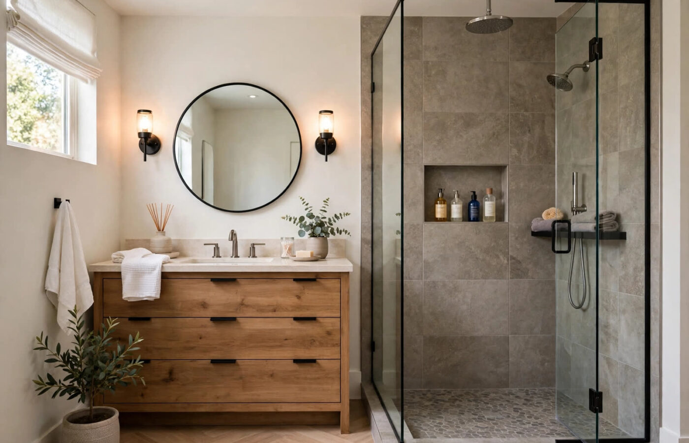 bathroom remodeling mistakes — renovated modern bathroom with walk-in shower, niche storage and layered mirror lighting