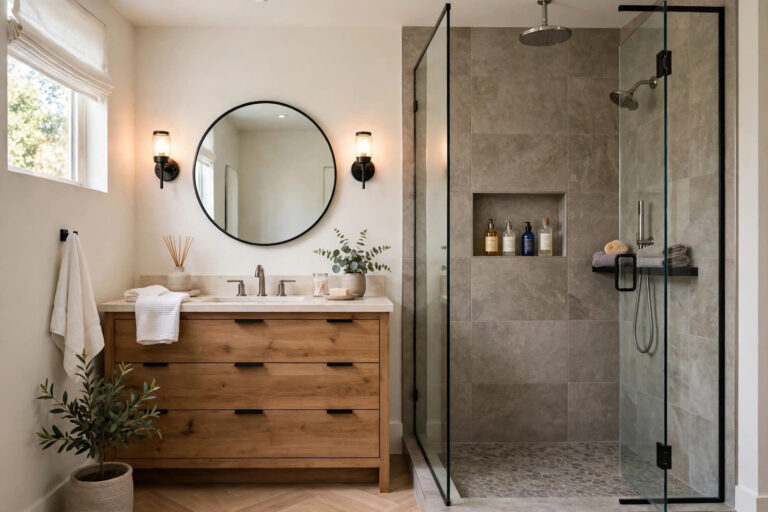 bathroom remodeling mistakes — renovated modern bathroom with walk-in shower, niche storage and layered mirror lighting