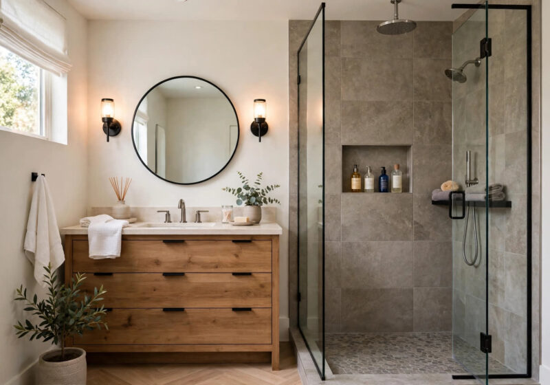 bathroom remodeling mistakes — renovated modern bathroom with walk-in shower, niche storage and layered mirror lighting