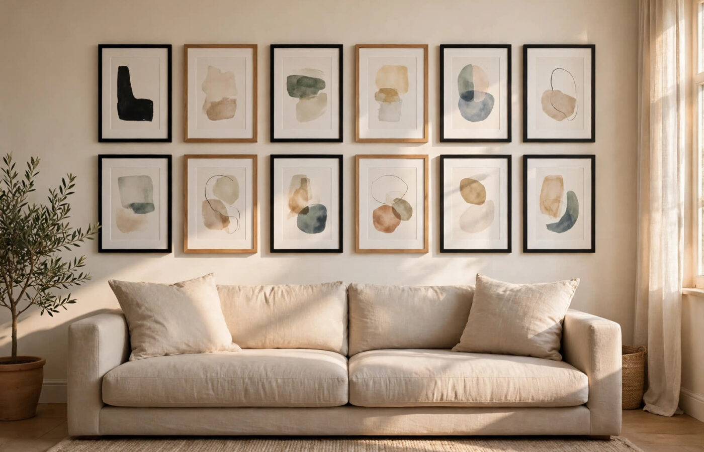 gallery wall spacing — perfectly spaced framed art gallery wall above a sofa with even 2 inch gaps