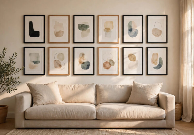 gallery wall spacing — perfectly spaced framed art gallery wall above a sofa with even 2 inch gaps