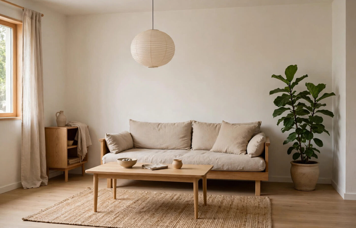japandi interior design — small apartment living room with low wooden furniture, beige palette and shoji-style light