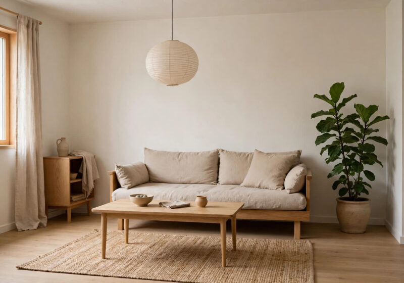 japandi interior design — small apartment living room with low wooden furniture, beige palette and shoji-style light