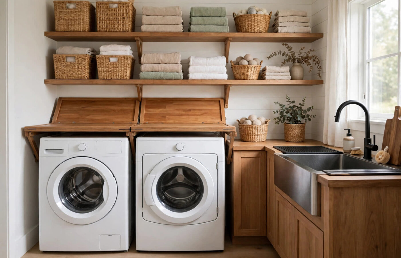 laundry room design — bright laundry room with front-load machines, folding counter, open shelves and sorting baskets
