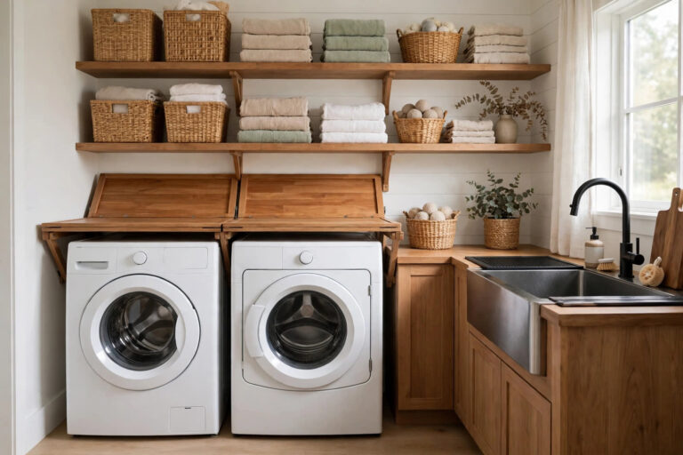 laundry room design — bright laundry room with front-load machines, folding counter, open shelves and sorting baskets