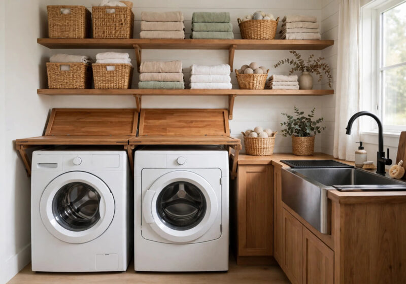 laundry room design — bright laundry room with front-load machines, folding counter, open shelves and sorting baskets